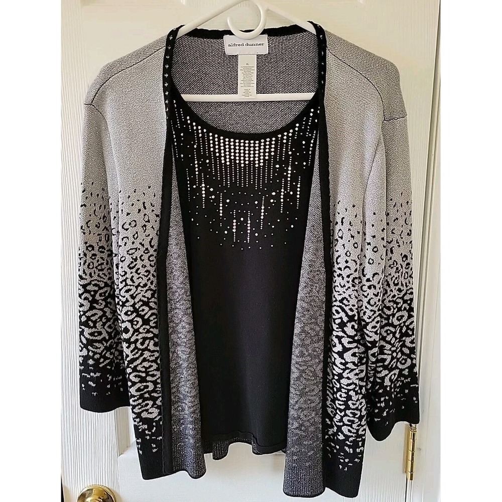 Alfred Dunner Sweater Top Sz XL Cardigan Black Metallic Silver Hombre 3/4 Sleeve